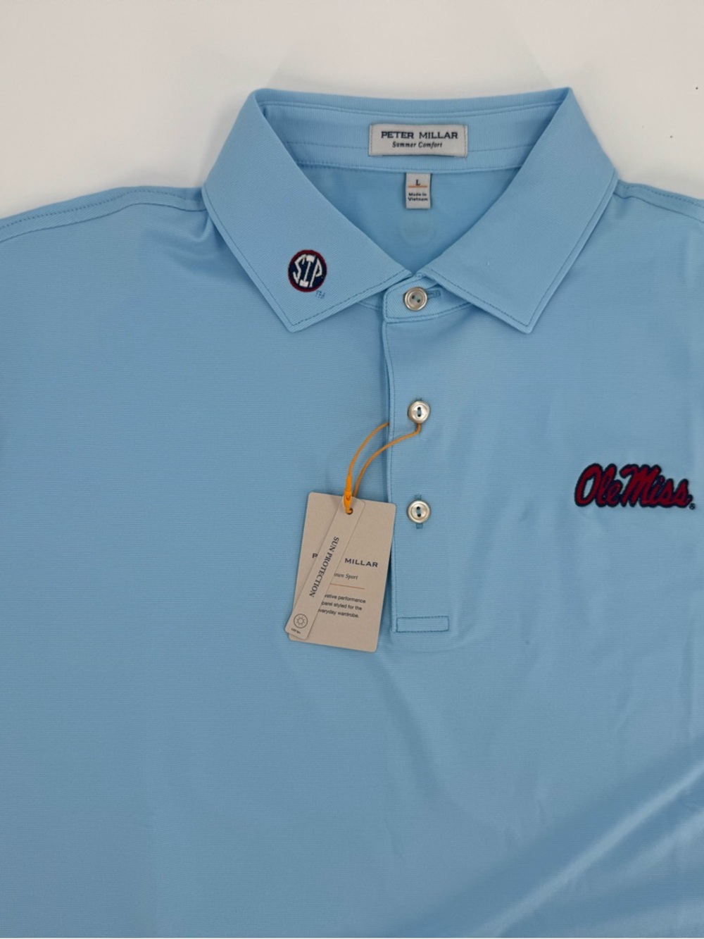 SIP EMBROIDERED COLLAR Peter Millar Ole Miss Powder Blue MicroStripe Polo-NWT- L